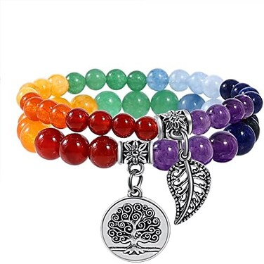 Natural Semi Precious Gemstone Beads Bracelet For Women - Tree Of Life And Leaf Charm Chakra Energy Healing Anxiety Stretch Bracelets