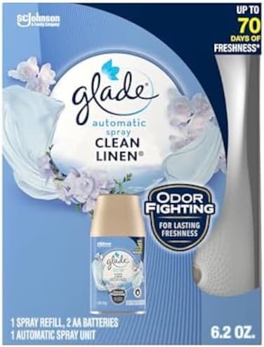Glade Automatic Spray Holder And Clean Linen Refill Starter Kit, 10.2 Oz, 1 6.2 Oz Refill (Set), 6.2 Ounce, Blue