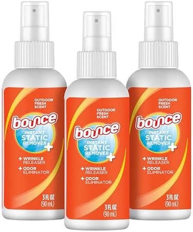 Bounce Anti Static Spray, 3 In 1 Instant Anti Static Spray &amp; Instant Wrinkle Release, Odor Eliminator &amp; Fabric Refresher, Travel Size (3 Oz,Pack Of 3)