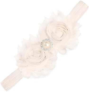 Baby Girls Lace Headband For Girls - Boho Chic Baby Girl Headband With Bow Lace Cream Infant Wrap Pearl Hair Bows For Girls - Girls Headband Elastic Baby Turban Headband Newborn Baby Girl Accessories