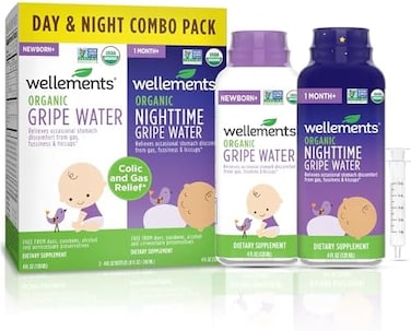 Wellements Organic Gripe Water For Babies Day &amp; Night Combo Pack (4 Fl Oz) - Infant Gripe Water Newborn Calms Occasional Stomach Discomfort From Baby Gas, Colic, Hiccups &amp; Fussiness - Usda Certified