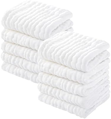 Muslin Baby Washcloths 100% Cotton Face Towels 10 Pack Wash Cloths For Baby 12X12In Soft And Absorbent Baby Wipes (White)