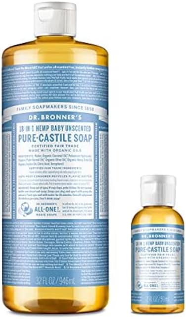 Dr. Bronner's Pure-Castile Liquid Soap &ndash; Baby Unscented Bundle. 32 Oz. Bottle And 2 Oz. Travel Bottle