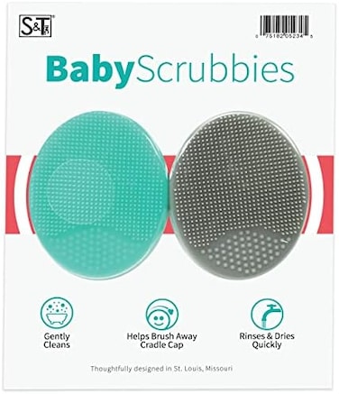 S&amp;T Inc. Exfoliating And Massaging Cradle Cap Bath Brushes For Baby, Silicone - 2 Inch X 2.5 Inch, Grey And Teal, 2 Pack