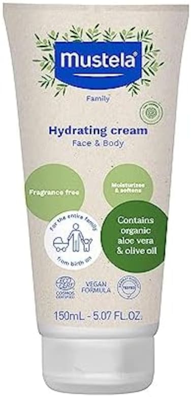 Mustela Certified Organic Hydrating Cream - Natural Body Lotion W/Olive Oil, Aloe Vera &amp; Sunflower Oil - For Baby, Kid &amp; Adult - Fragrance Free, Ewg Verified &amp; Vegan - 5.07 Oz. - Packaging May Vary
