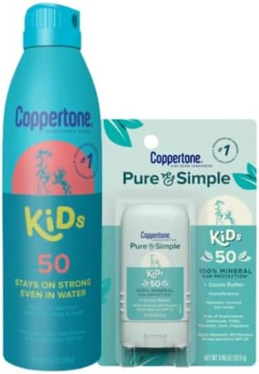 بخاخ واقي الشمس للأطفال من Coppertone بعامل حماية من الشمس 50، 5.5 أونصة مع عصا واقي الشمس للأطفال من Pure & Simple بعامل حماية 50، 0.49 أونصة (072140028091)