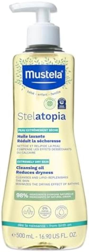 زيت تنظيف موستيلا ستيلاتوبيا - غسول جسم الطفل للبشرة المعرضة للإكزيما - مع زيت الأفوكادو الطبيعي وزيت عباد الشمس - خالي من العطور والدموع - 16.9 أونصة سائلة. أوز