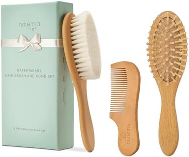 Natemia Premium Wooden Baby Hair Brush And Comb Set &ndash; Natural Soft Bristles &ndash; Ideal For Cradle Cap - Perfect Baby Registry Gift