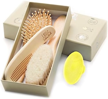 Wooden Baby Hair Brush And Comb Set (4-Piece) For Newborns And Toddlers, Ideal For Baby Cradle Cap, Wood Bristles Baby Massage And Scalp Brush, Perfect For Baby Registry Gift Set