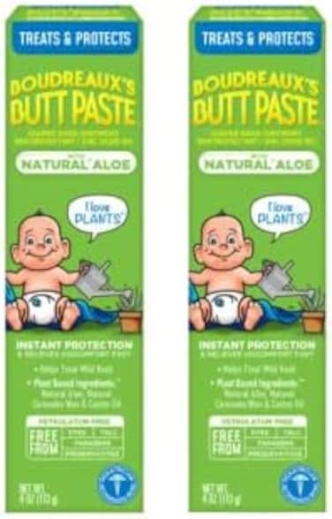 Boudreaux's Butt Paste With Natural* Aloe Diaper Rash Cream, Ointment For Baby, 4 Oz Tube, 2 Pack