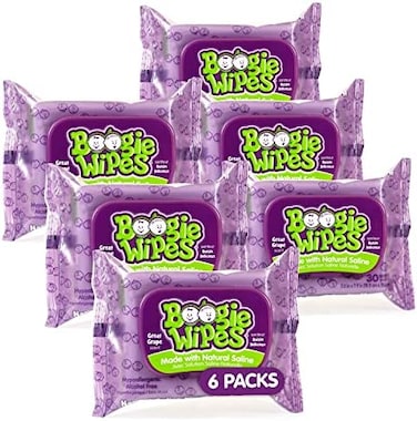 Boogie Wipes Soft Natural Saline Wet Tissues For Baby And Kids Sensitive Nose, Hand And Face With Moisturizing Aloe, Chamomile And Vitamin E, Grape Scent, 30 Count/Pack Of 6