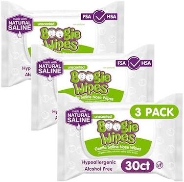 Wipes 30 Piece Gentle Saline For Stuffy Noses Simply Unscented, 3 Count