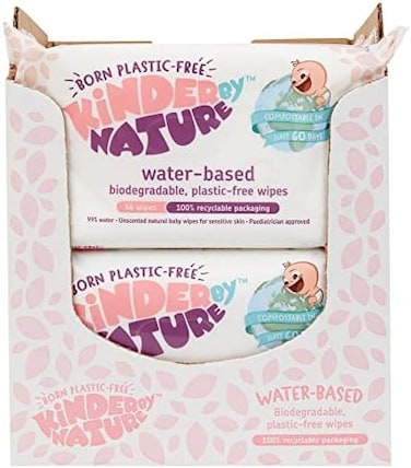 Kinder By Nature Water-Based Wipes - 12 Pack (Suitable For Sensitive &amp; Eczema Prone Skin + 99% Water, 100% Biodegradable &amp; Compostable, 100% Recyclable + Vegan)