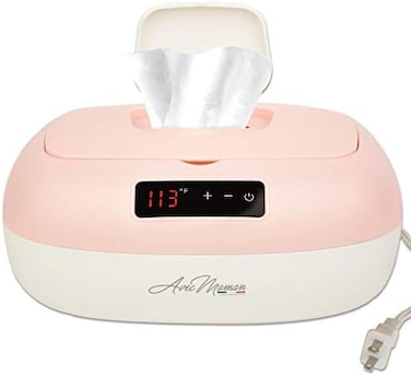 Avec Maman - La Caresse، جهاز تدفئة مناديل الأطفال - مصمم في فرنسا، موزع المناديل المبللة - إعدادات حرارة قابلة للتعديل، شاشة رقمية