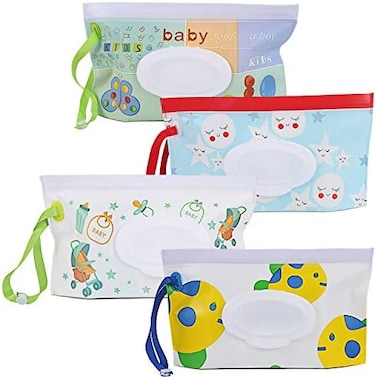 Febsnow 4 Pack Baby Wipes Container, ReUSAble Portable Wet Wipe Pouch,Wipe Dispenser Container,Baby Travel Wet Wipe Holder