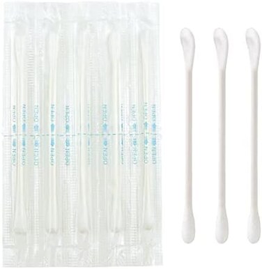 مسحات قطنية - أعواد ورقية مغلفة بشكل فردي للأذن والمكياج، عدد 100 (أبيض، نهاية مستديرة/نهاية الأذن)
