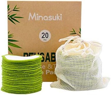 20 عبوة من وسادات إزالة المكياج القابلة لإعادة الاستخدام - دائرية قطنية قابلة لإعادة الاستخدام من الخيزران للحصول على التونر، وسادات صديقة للبيئة قابلة للغسل لجميع أنواع البشرة مع حقيبة غسيل قطنية