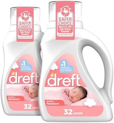 Dreft Newborn Baby Liquid Laundry Detergent, Gentle On Sensitive Skin, He Compatible, 2 Pack, 32 Loads Each, Baby Laundry Detergent, Newborn Essentials
