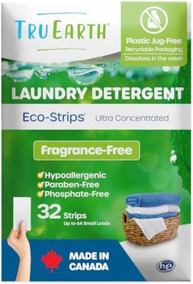 Tru Earth Eco-Strips Laundry Detergent - 32 Loads, Eco-Friendly, Plastic Free Packaging, Ultra-Concentrated, Pre-Measured, Easy Storage, For Machine &amp; Hand Washing, Fragrance Free