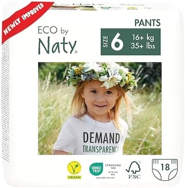 سروال تدريب Eco By Naty Pull-Ups، 4T-5T (مقاس 6)، 18 قيراط، نباتي وخالي من المواد الكيميائية الضارة (قد تختلف العبوة)