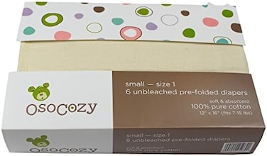 Prefolds Unbleached Cloth Baby Diapers, Size 1 (7-15 Lbs), 6 Pack, Soft, Absorbent And Durable 100% Natural Cotton