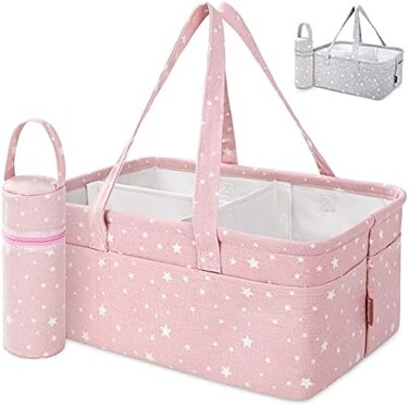 Baby Diaper Caddy Organizer - Baby Shower Basket, Large Nursery Storage Bin For Changing Table, Car Travel Tote Bag, Newborn Registry Must Have, Bonus Bottle Cooler, Pink
