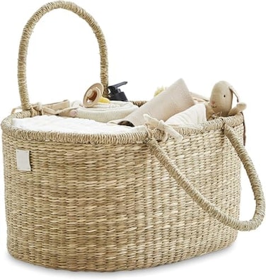 Baby Diaper Caddy Organizer - Handmade Organic Seagrass - Luxury Diaper Caddy Basket - Cute Diaper Caddy For Baby Girl &amp; Diaper Caddy For Baby Boy - Nursery Basket