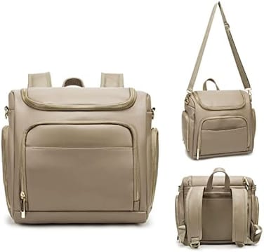 Beaulyn Diaper Bag Backpack, 7-In-1 Leather Travel Back Pack Large Capacity Organizer (Dark Brown) (Khaki)
