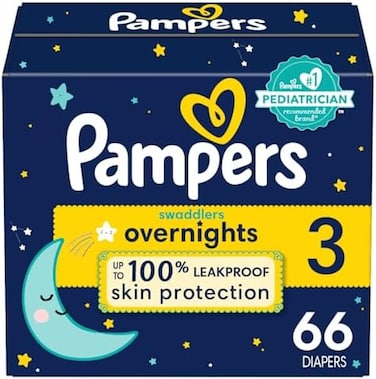 Pampers Diapers Size 3, 66 Count - Swaddlers Overnights Disposable Baby Diapers, Super Pack (Packaging May Vary)