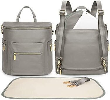 حقيبة ظهر جلدية للحفاضات من ميس فونج، حقيبة ظهر للحفاضات مع وسادة تغيير وحقيبة للمناديل المبللة ومنظم حقيبة الحفاضات