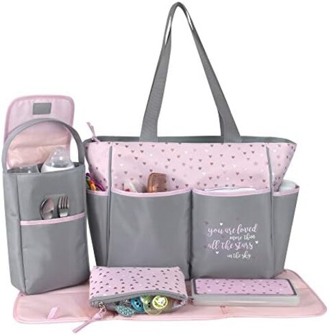 Baby Essentials Diaper Bag Tote 5 Piece Set (Pink/Grey)