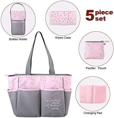 Baby Essentials Diaper Bag Tote 5 Piece Set (Pink/Grey)