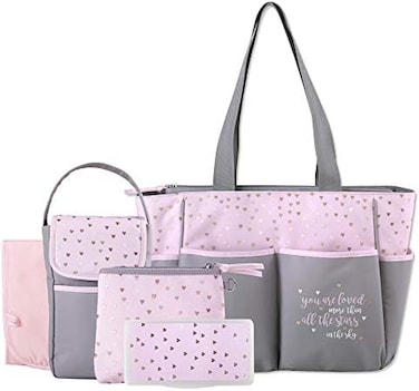 Baby Essentials Diaper Bag Tote 5 Piece Set (Pink/Grey)