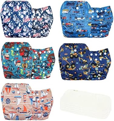 Wegreeco Washable ReUSAble Baby Cloth Pocket Diapers 5 Pack + 5 Bamboo Inserts (Boy Car &amp; Sail) One Size