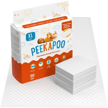 Peekapoo X-Large (30"X18") Disposable Changing Pads For Baby &ndash; Portable Changing Pad Liners For Mess Free Travel, Ultra Absorbent, Waterproof And Super Soft, 50 Count