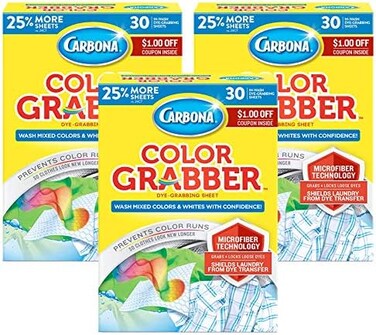 كاربونا كولور Grabber، يحمي الغسيل من تطاير الألوان أو نزيفها، مزيج الأبيض والألوان، أوراق التقاط الصبغة أثناء الغسيل، 30 قطعة في كل صندوق، 3 عبوات