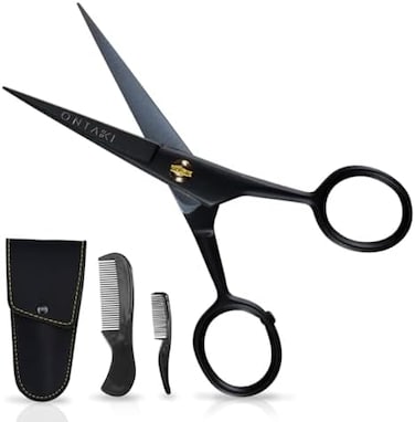 5" Professional German Beard &amp; Mustache Scissors With 2 Comb &amp; Carrying Pouch For Men Hand Forged Bevel Edge For Precision - Perfect Facial Hair Grooming Kit All Body Hair (Black)