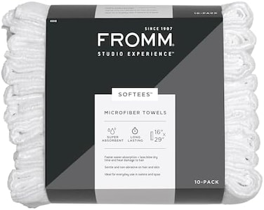 Fromm Softees Microfiber Salon Hair Towels For Hairstylists, Barbers, Spa, Gym In White, 16" By 29", 10 Count Perfect Hair Care Towel For Drying Curly, Long, Wavy Hair