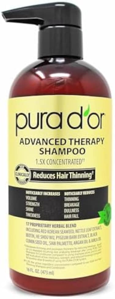 Pura D'Or Advanced Therapy Shampoo (16Oz) Reduces Hair Thinning &amp; Increases Volume, No Sulfate, Biotin Shampoo Infused With Argan Oil, Aloe Vera For All Hair Types, Men &amp; Women (Packaging May Vary)