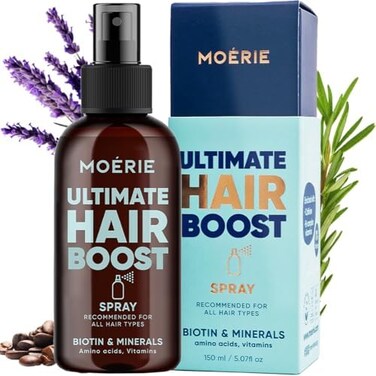 بخاخ Moerie Ultimate Hair Boost مصمم لتقوية الشعر واستعادة صحة فروة الرأس - مصل شعر طبيعي 100% لتعزيز الشعر مع أكثر من 100 من المعادن والفيتامينات والأحماض الأمينية - رائحة منعشة - 5.07 أونصة سائلة