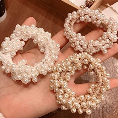 Brinie Briskaari Hair Ties Champagne Elastic Hair Scrunchies Pearl Hair Bands Bead Hair Ropes Hair Accessories For Women And Girls (Pack Of 3)