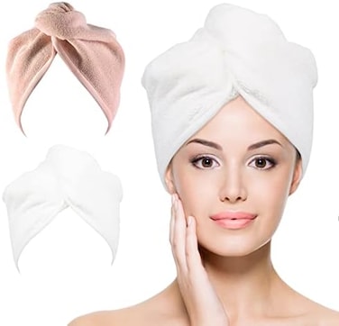 لفافة منشفة شعر من الألياف الدقيقة من Youlertex: عبوتان للسيدات مقاس 25.4 سم × 66.04 سم، عمامة شعر سريعة الجفاف فائقة الامتصاص لتجفيف الشعر المجعد الطويل والسميك (بيج خوخي + أبيض)