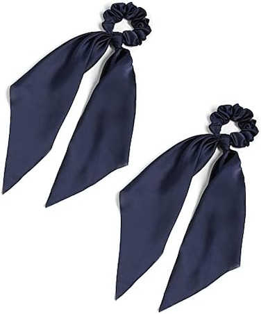 Lfouvre Pack Of 2 Knotted Bow Hair Scrunchies Elastic Hair Scarf Black Hair Ties Bands Satin Hair Ribbon Scrunchy Red Ponytail Holder For Women And Girls (Navy Blue)