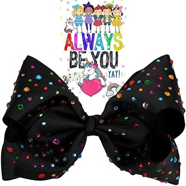 قوس أسود كبير من حجر الراين مقاس 8 بوصة، أقواس كبيرة للفتيات والأطفال الصغار، هدية فيونكات شعر ضخمة، أقواس شعر سوداء، أقواس للبهجة، إكسسوارات فيونكة شعر عصرية بشريط كبير (أسود/حجر الراين)