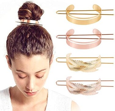 4 قطع من مشابك الشعر، بينبو دائرية الشكل، حامل كعكة الشعر، كعكة شعر الريش، كعكة شعر معدنية مصقولة عالية، أصفاد على شكل ذيل حصان، إكسسوارات شعر الزفاف للنساء والفتيات (ذهبي، وردي ذهبي)