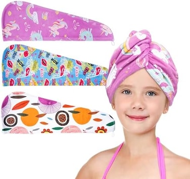 مناشف تجفيف الشعر من الألياف الدقيقة للأطفال من إليوين، 3 عبوات من المناشف المبللة لف عمامة للفتيات والأطفال والنساء، مناشف شعر ملتوية سريعة الجفاف للشعر المجعد الطويل السميك المضاد للتجعد