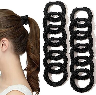 ربطات شعر Ivyu Silk Scrunchies من الساتان الأسود للنساء - ربطات شعر صغيرة Scrunchy للنساء شعر سميك لطيف ناعم سهل الانزلاق، حامل ذيل حصان صغير للشعر المجعد بدون ضرر، هدية للفتيات
