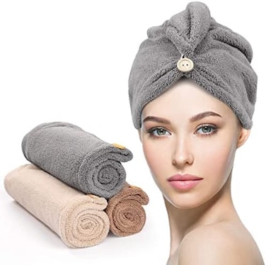 Microfiber Hair Towel 3 Pack, Hair Towel With Button, Super Absorbent Hair Towel Wrap For Curly Hair, Fast Drying Hair Wraps For Women, Anti Frizz Microfiber Towel, Gray &amp; Camel &amp; Brown