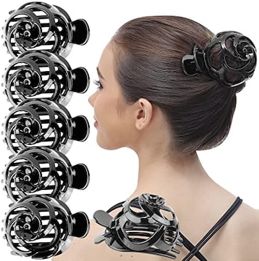 Rc Roche Ornament 6 Pcs Womens Stylish Rose Dome Comb Clamp Shell Plastic No Slip Strong Secure Grip Side Slide Bun Maker Beauty Accessory Hair Clip, Large Black