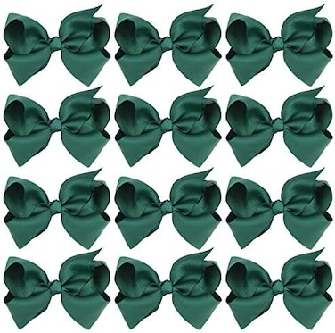 Icobuty 4 Inch Boutique Girls Hair Bows Hair Clips For Girls Toddlers 12 Pcs Solid Color (Forest Green)